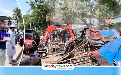 কুলাউড়ায় গুঁড়িয়ে দেওয়া হলো অবৈধ দোকান-স্থাপনা