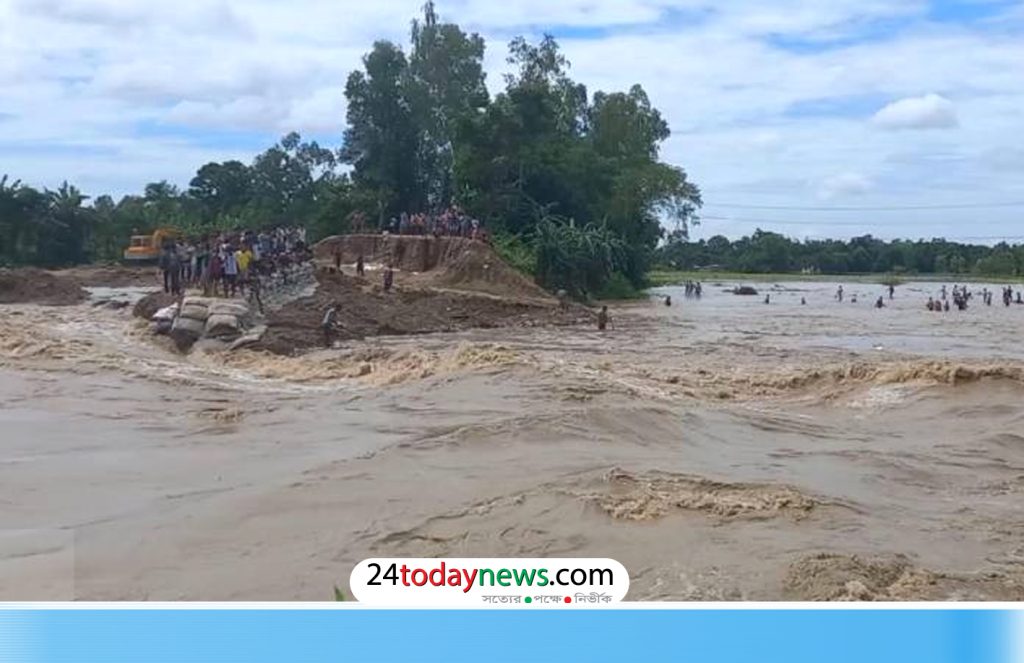 হবিগঞ্জের খোয়াই নদীর বাঁধে ফের ভাঙন, লোকালয়ে ঢুকছে পানি